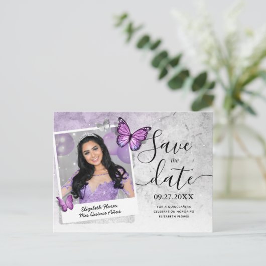 Licht Paarse vlinder Foto slaat de datum op Aankondigingskaart (Staand voorkant)