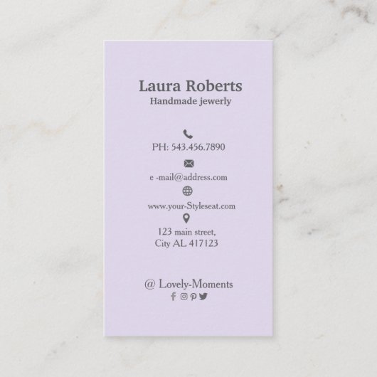 Licht Paarse Voeg uw Logo oorbel display Visitekaartje (Achterkant)