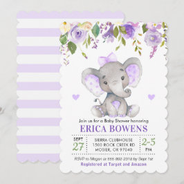 Licht Paarse Waterverf Meisje Olifant Baby shower Kaart