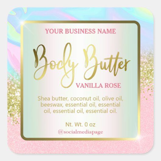 Licht Pastel Blauw Roze Glitter Body Butter Labels (Voorkant)