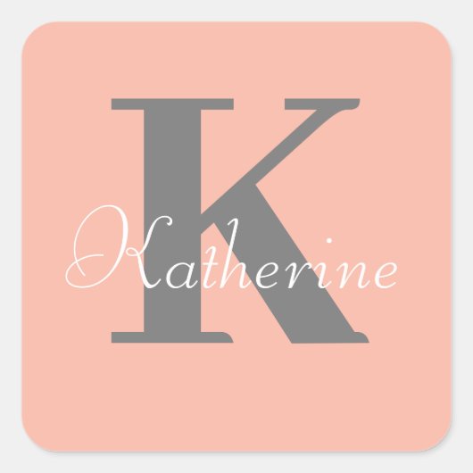 Licht perzik Monogram Naam Vierkante Sticker (Voorkant)