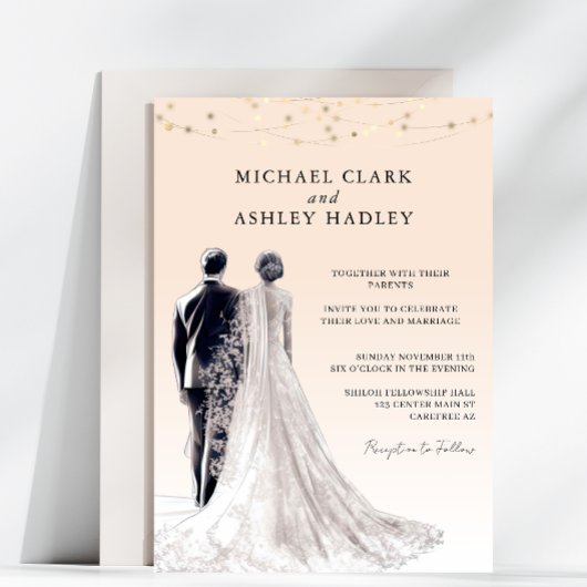 Licht perzik traditionele bruid bruidegom bruiloft kaart