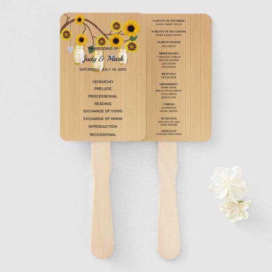 Licht roestvrij geel vezel Mason Jars Weddenschap Handwaaier (Voorkant en achterkant)