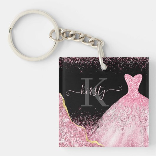 Licht Roze Aquarel Glitter Jurk Monogram Sleutelhanger (voorkant)