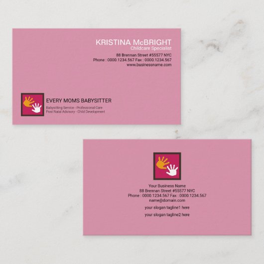 Licht roze Baby handen Babysitter Visitekaartje (Voorkant / Achterkant)