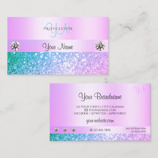 Licht roze Blauwgroen Glitter Monogram Deegstuk Visitekaartje (Voorkant / Achterkant)
