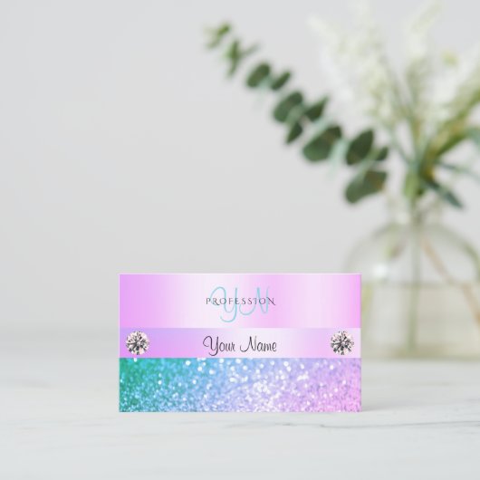 Licht roze Blauwgroen Glitter Monogram Deegstuk Visitekaartje (Staand voorkant)