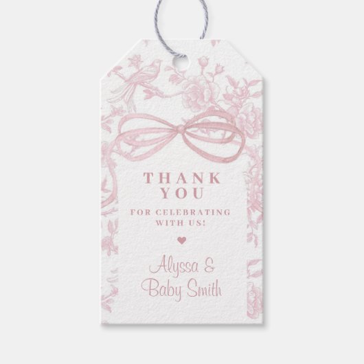 Licht Roze Bow en Toile Baby shower Favoriet Cadeaulabel (Voorkant)