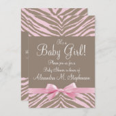 Licht Roze en Bruin Zebra Bow Baby shower Kaart (Voorkant / Achterkant)
