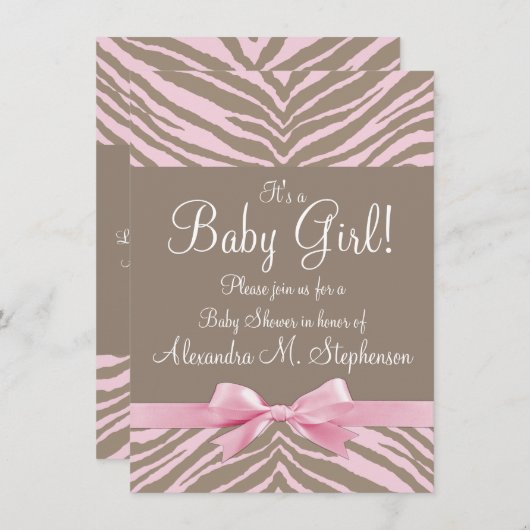 Licht Roze en Bruin Zebra Bow Baby shower Kaart (Voorkant / Achterkant)
