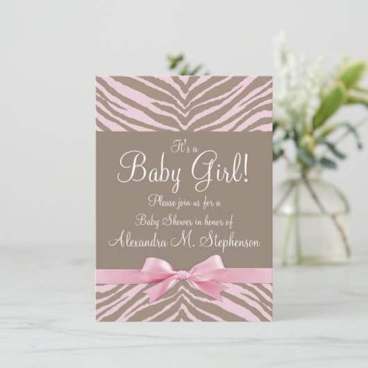 Licht Roze en Bruin Zebra Bow Baby shower Kaart (Staand voorkant)
