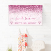 Licht roze en roze faux roze glitter Sweet 16 Spandoek (Insitu)