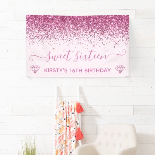 Licht roze en roze faux roze glitter Sweet 16 Spandoek (Insitu)