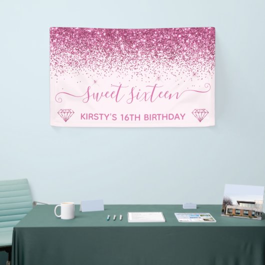 Licht roze en roze faux roze glitter Sweet 16 Spandoek (Beurs)