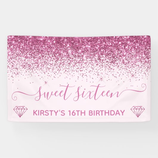 Licht roze en roze faux roze glitter Sweet 16 Spandoek (Horizontaal)