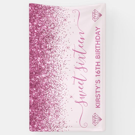 Licht roze en roze faux roze glitter Sweet 16 Spandoek (Verticaal)
