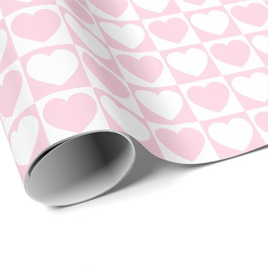 Licht roze en wit gecheckt patroon met hart cadeaupapier (Rol Hoek)