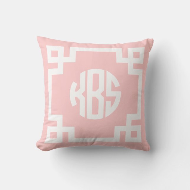 Licht Roze en Wit Grieks Sleutelcirkel Monogram KB Kussen (Voorkant)