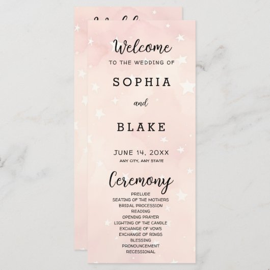 Licht roze en witte sterren bruiloft programma (Voorkant / Achterkant)