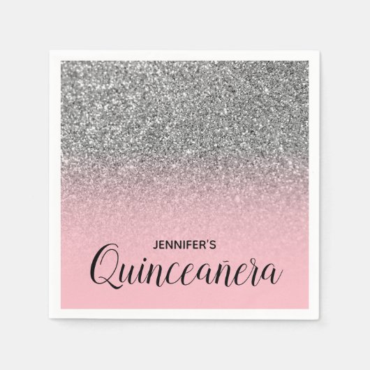 Licht roze en zilver Glitter Ombre Quinceanera Servet (Voorkant)
