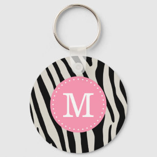Licht roze en zwart Zebra Stripe aangepaste monogr Sleutelhanger