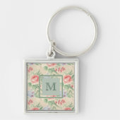 Licht  Roze Floral Patroonmonogram Sleutelhanger (Voorkant)