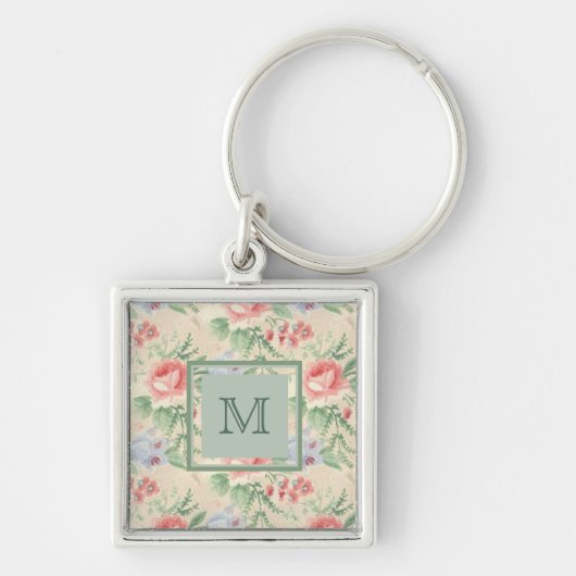 Licht  Roze Floral Patroonmonogram Sleutelhanger (Voorkant)