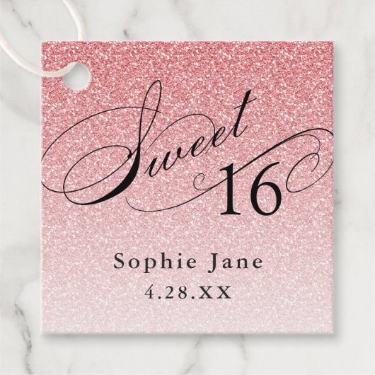 Licht roze glam glitter zoet 16 gepersonaliseerd bedankjes labels (Voorkant)