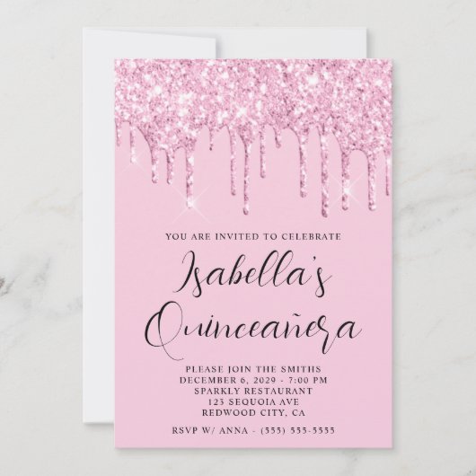 Licht roze Glitter Drips Quinceañera Kaart (Voorkant)