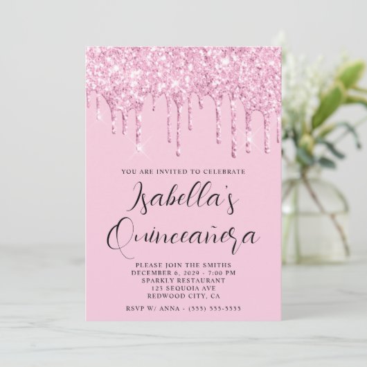 Licht roze Glitter Drips Quinceañera Kaart (Staand voorkant)