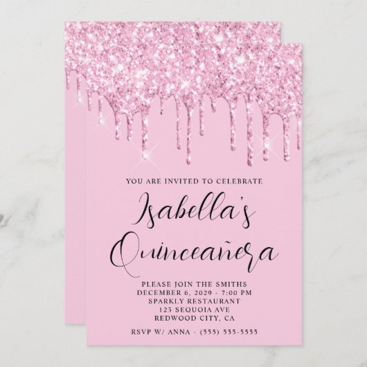 Licht roze Glitter Drips Quinceañera Kaart (Voorkant / Achterkant)