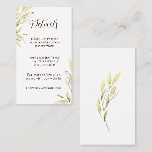 Licht roze groene bloemen laat eenvoudig ontwerp informatiekaartje (Voorkant / Achterkant)