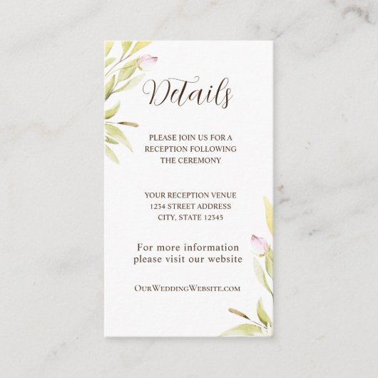 Licht roze groene bloemen laat eenvoudig ontwerp informatiekaartje (Voorkant)