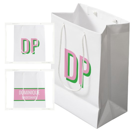 Licht Roze + Groene Monogram Bruidsmeisje Medium Cadeauzakje
