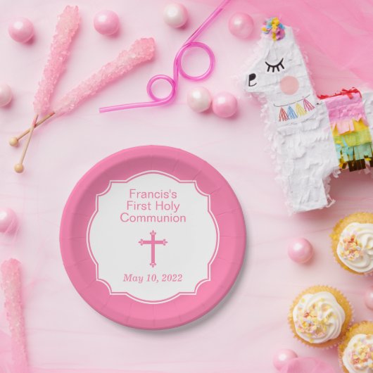 Licht roze kruisbeeld eerste Heilige Communie Papieren Bordje (Feest)