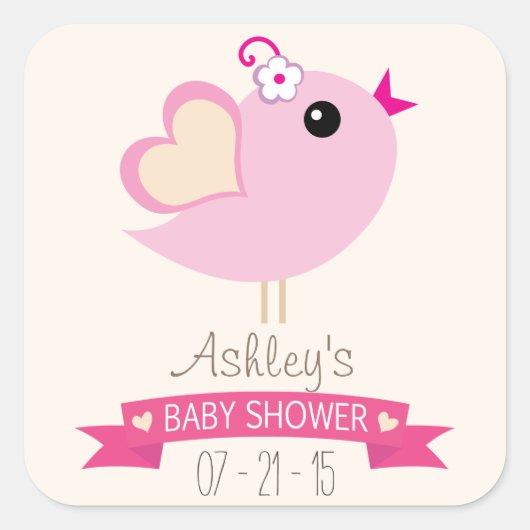 Licht roze liefde vogel Baby shower Vierkante Sticker (Voorkant)