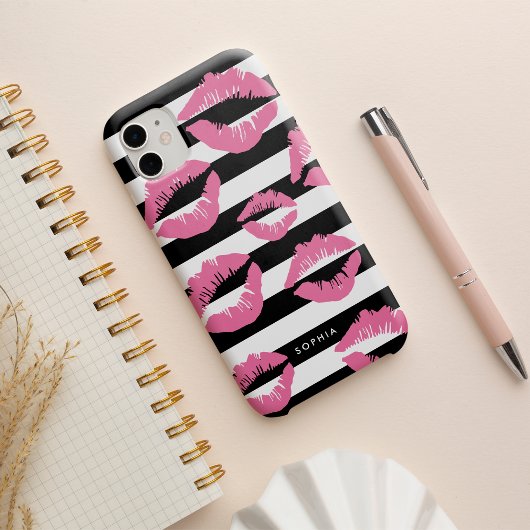 Licht Roze Lip Print Kisses Black & White Stripe Case-Mate iPhone Case