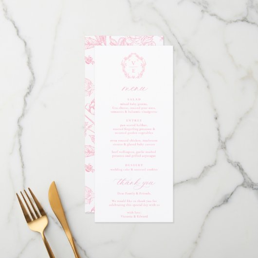  Licht Roze Monogram Crest Bloemen Huwelijk Menu (Voorkant / Achterkant in situ)