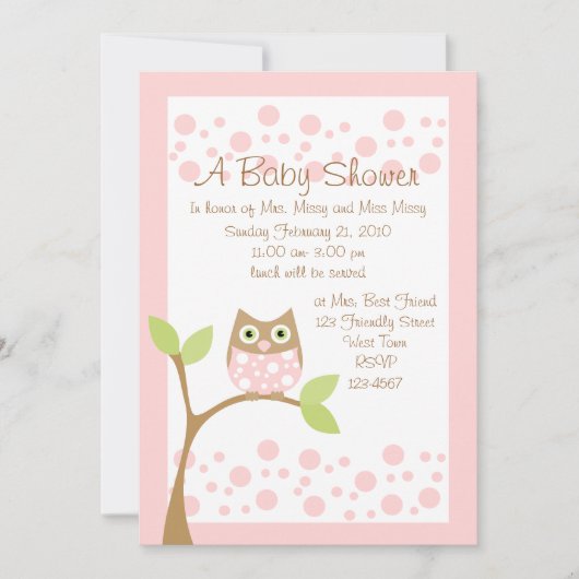 Licht roze Owl Baby shower Uitnodiging (Voorkant)
