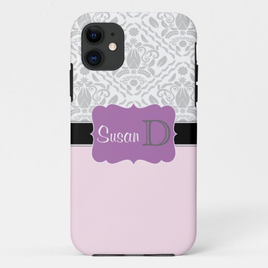 Licht Roze Paarse monogrammed damask iPhone 5 hoes (Achterkant)