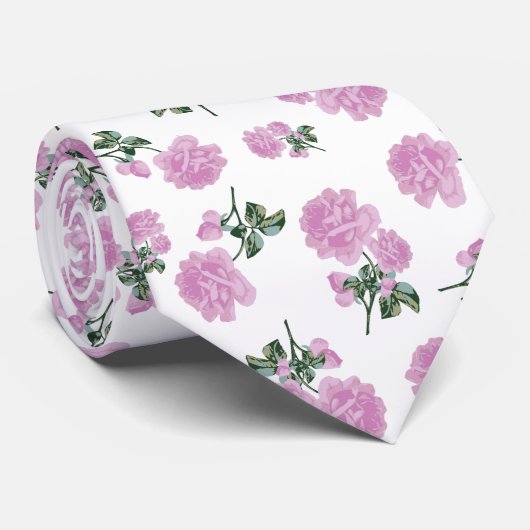 Licht roze rozen bloempatroon op wit stropdas (Opgerold)