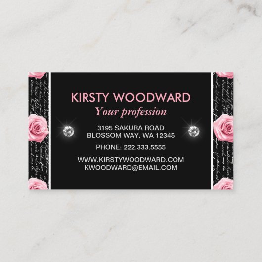 Licht roze Rozen op zwarte en witte handgeschreven Visitekaartje (Achterkant)