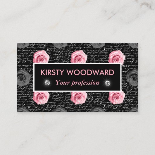 Licht roze Rozen op zwarte en witte handgeschreven Visitekaartje (Voorkant)