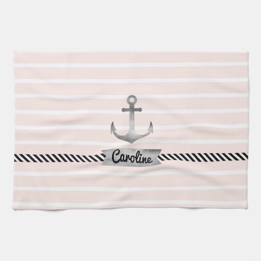 Licht Roze Strepen Grijs Waterverf Anker Custom Theedoek (Horizontaal)