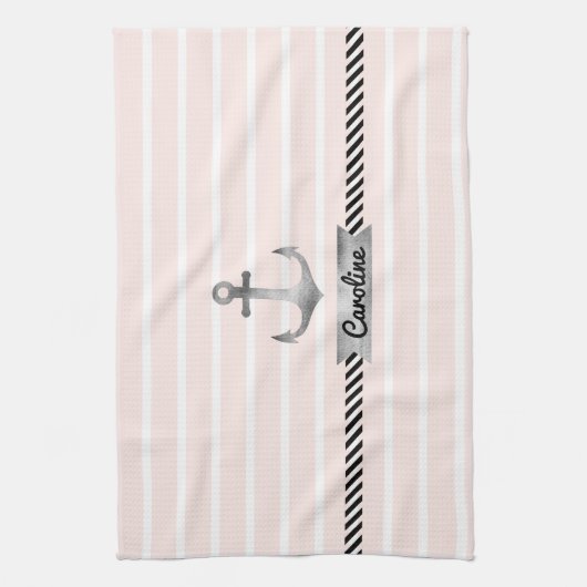 Licht Roze Strepen Grijs Waterverf Anker Custom Theedoek (Verticaal)