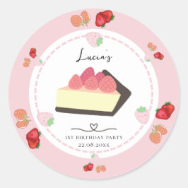Licht roze taart & bessen meisje eerste verjaardag ronde sticker