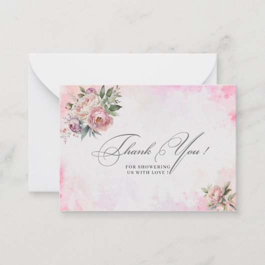 Licht roze Waterverf Bloemen baby shower bedankt Notitiekaartje (Voorkant)