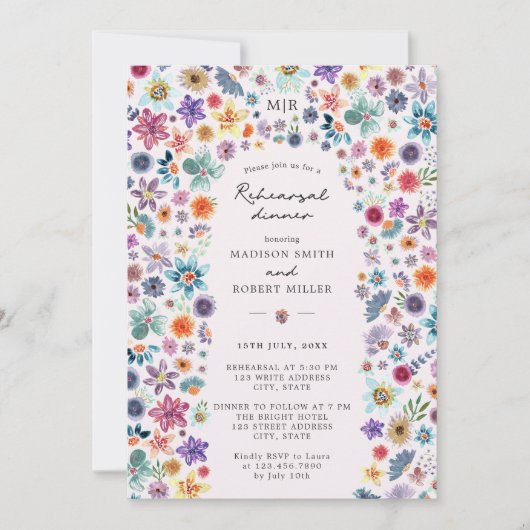 Licht roze Wildflower bruiloft repetitie diner Kaart (Voorkant)