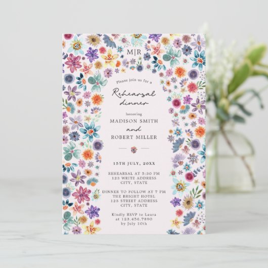 Licht roze Wildflower bruiloft repetitie diner Kaart (Staand voorkant)