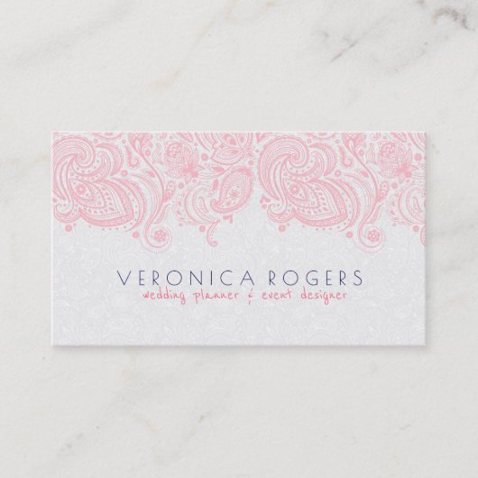 Licht roze & wit bloemig Paisley Kant Visitekaartje (Voorkant)